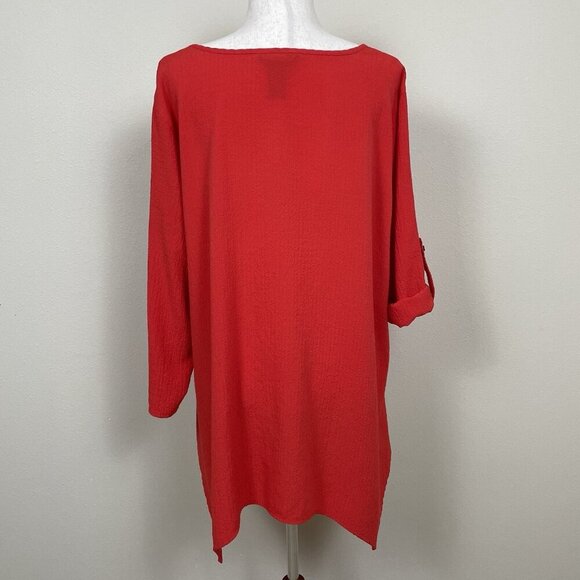 Ali Miles Tunic Top Women 1X Asymmetrical Artsy Crinkle Textured Long Sleeve Red - Picture 11 of 16